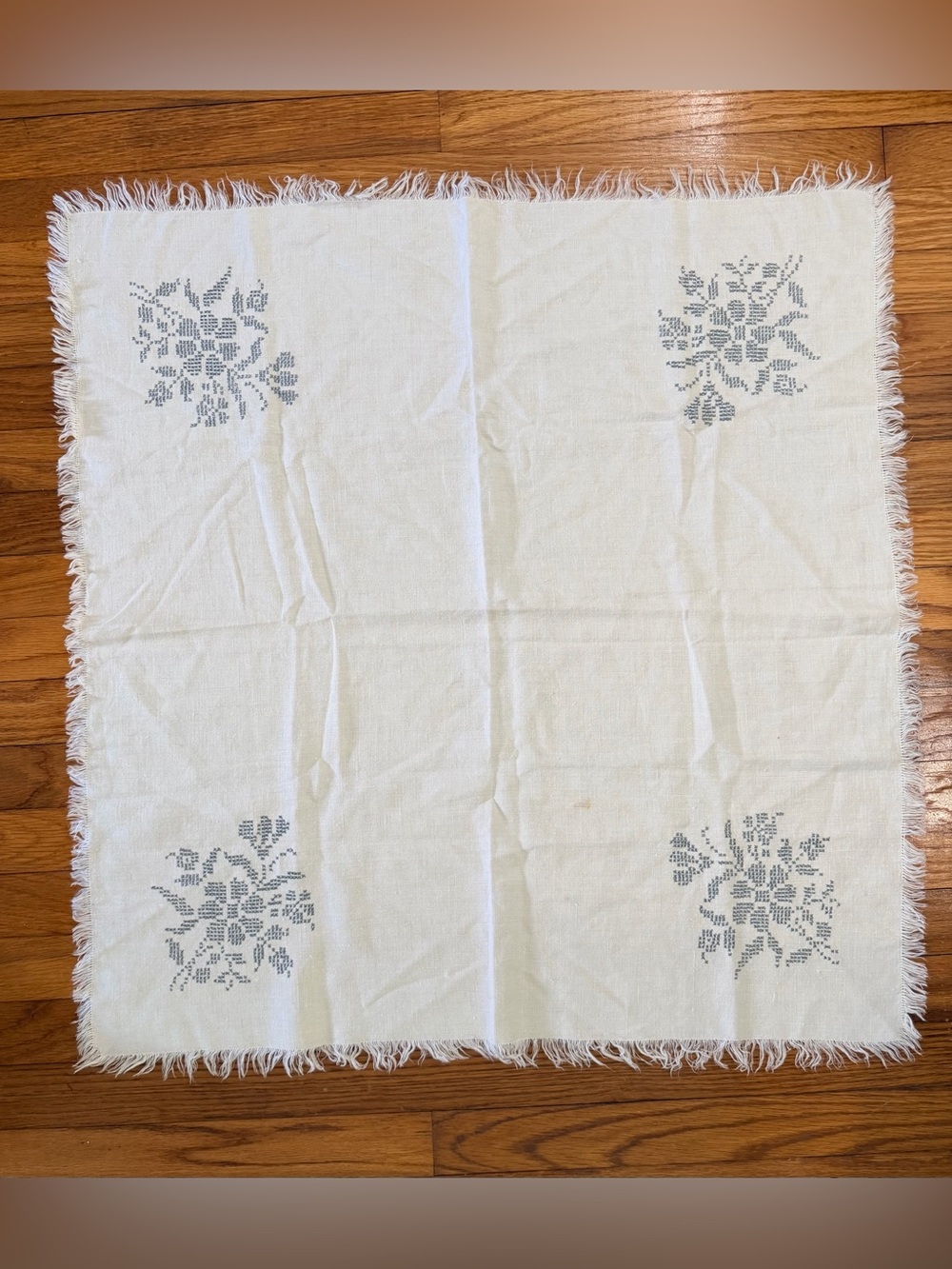 Embroidered Cotton Tablecloth - White with Gray Floral Motifs